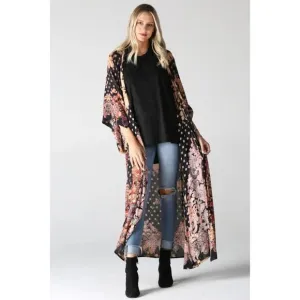 027 - Bleach Tie Dye Printed Duster Kimono Black