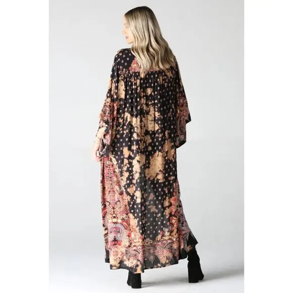 027 - Bleach Tie Dye Printed Duster Kimono Black