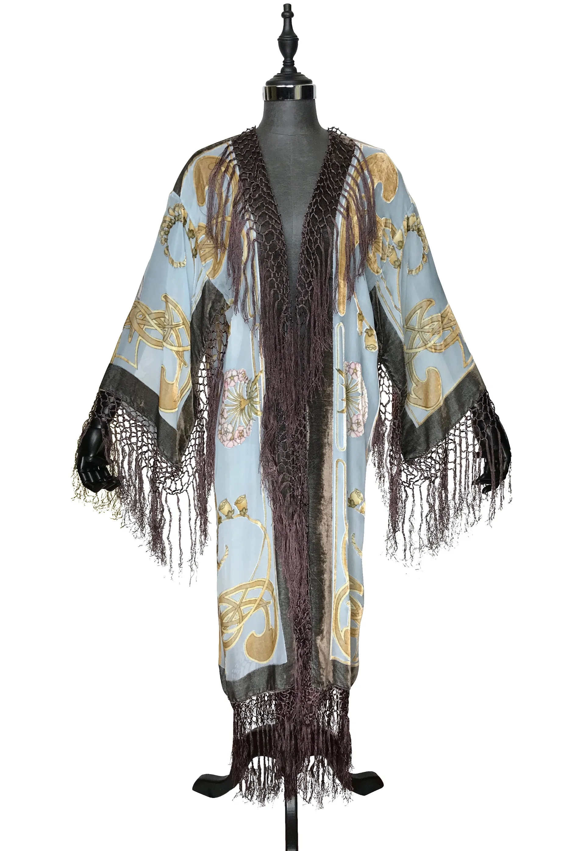 1930's Art Deco Kimono Scarf Long Jacket - Mucha Camelia - Pastel Blue Silk Velvet