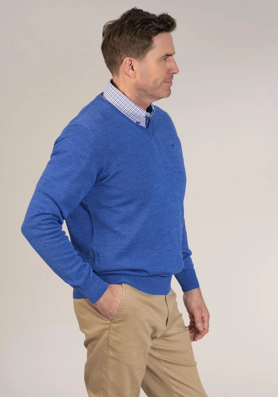 50/50 Fine Merino Wool & Acrylic V-Neck Knit - Denim