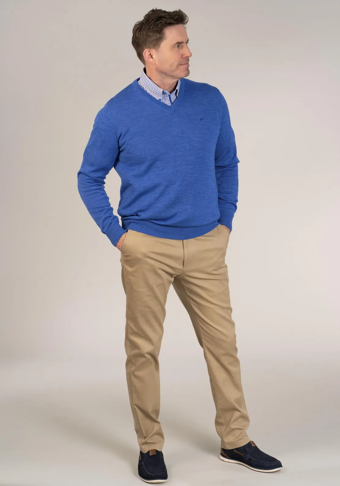 50/50 Fine Merino Wool & Acrylic V-Neck Knit - Denim
