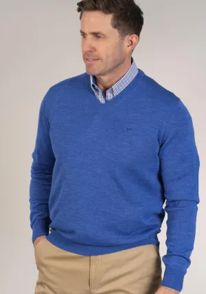 50/50 Fine Merino Wool & Acrylic V-Neck Knit - Denim