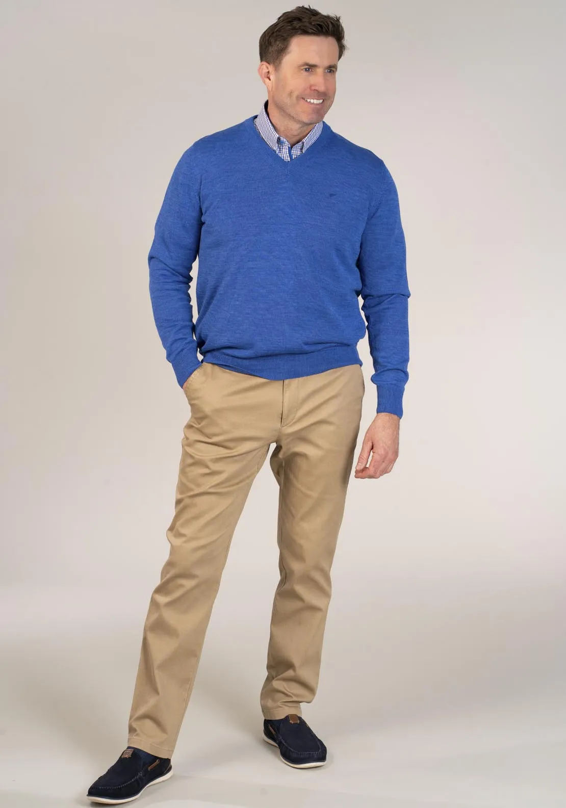 50/50 Fine Merino Wool & Acrylic V-Neck Knit - Denim