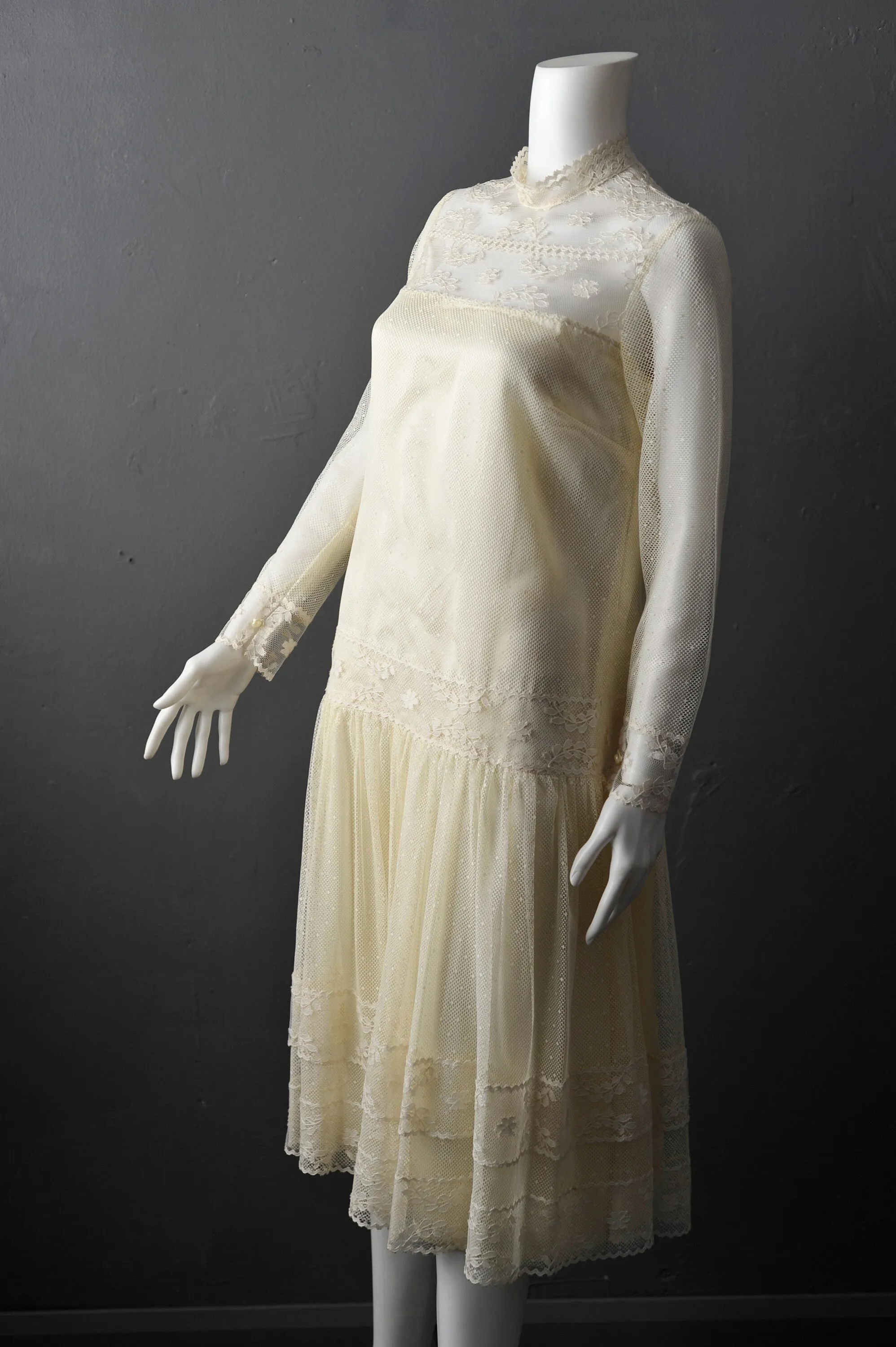 80s Cream Bohemian Wedding Dress, Twenties Inspired Gown by Colombine Nemours, UK Size 10