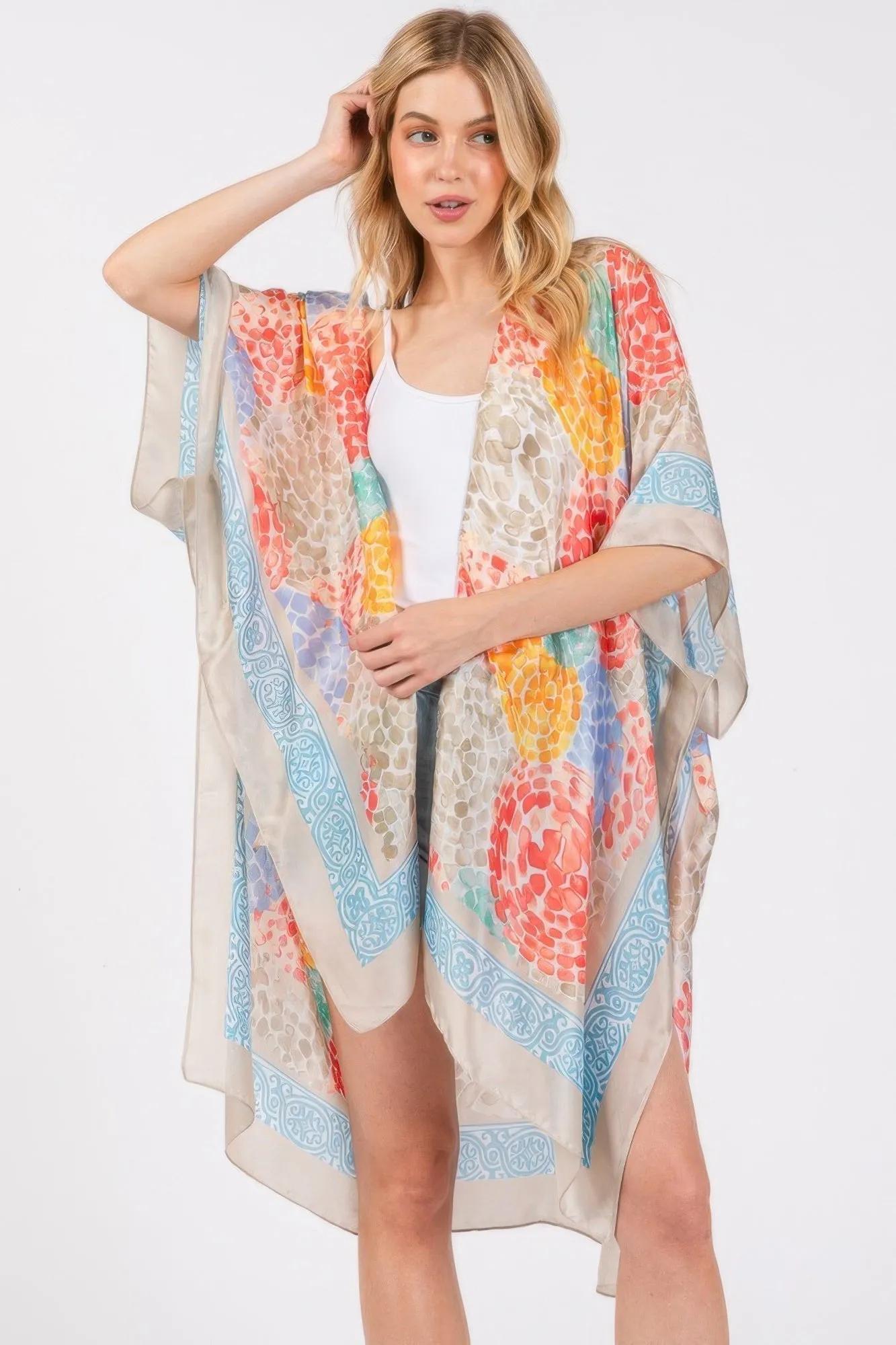Abstract Print Silky Feel Kimono