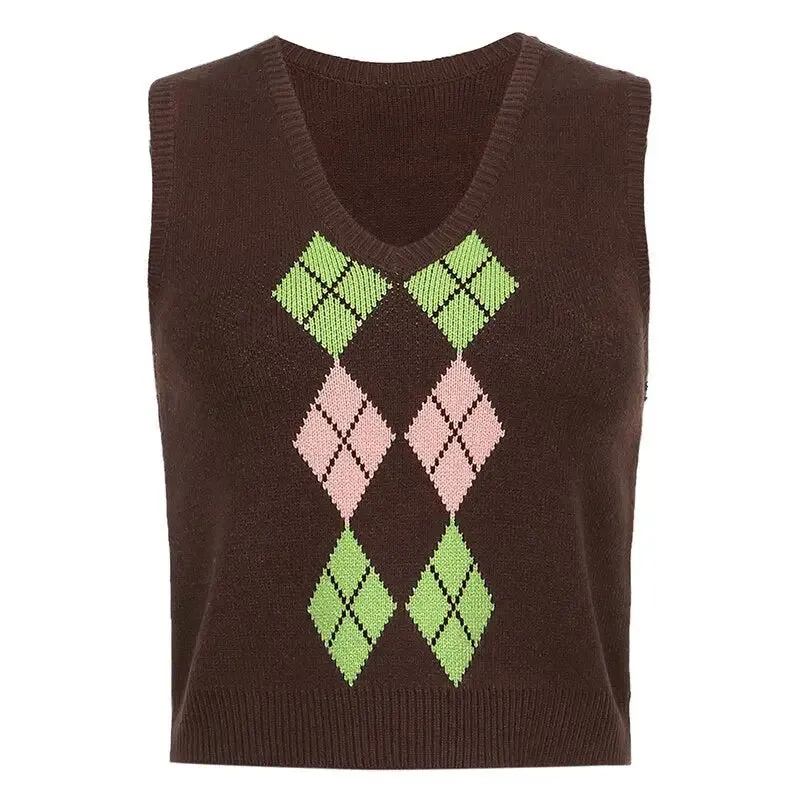 Aesthetic Brown Argyle Vest with Sleeveless Design and V Neckline