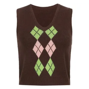 Aesthetic Brown Argyle Vest with Sleeveless Design and V Neckline