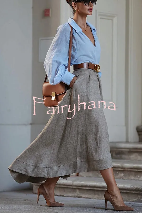 All Round Comfort Linen Blend V-neck Balloon Sleeve Loose Blouse