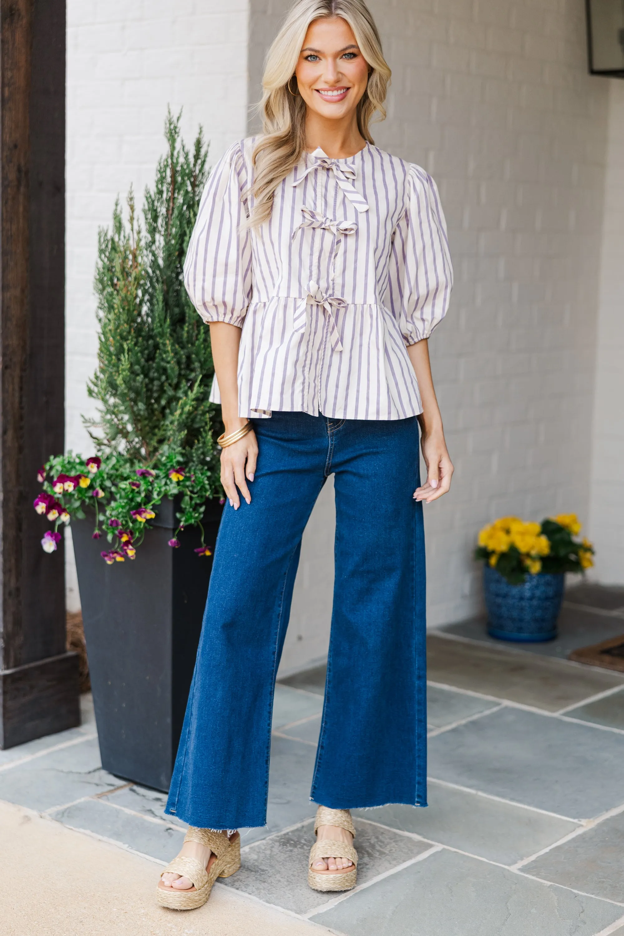 An Inspiration Lavender Purple Striped Blouse