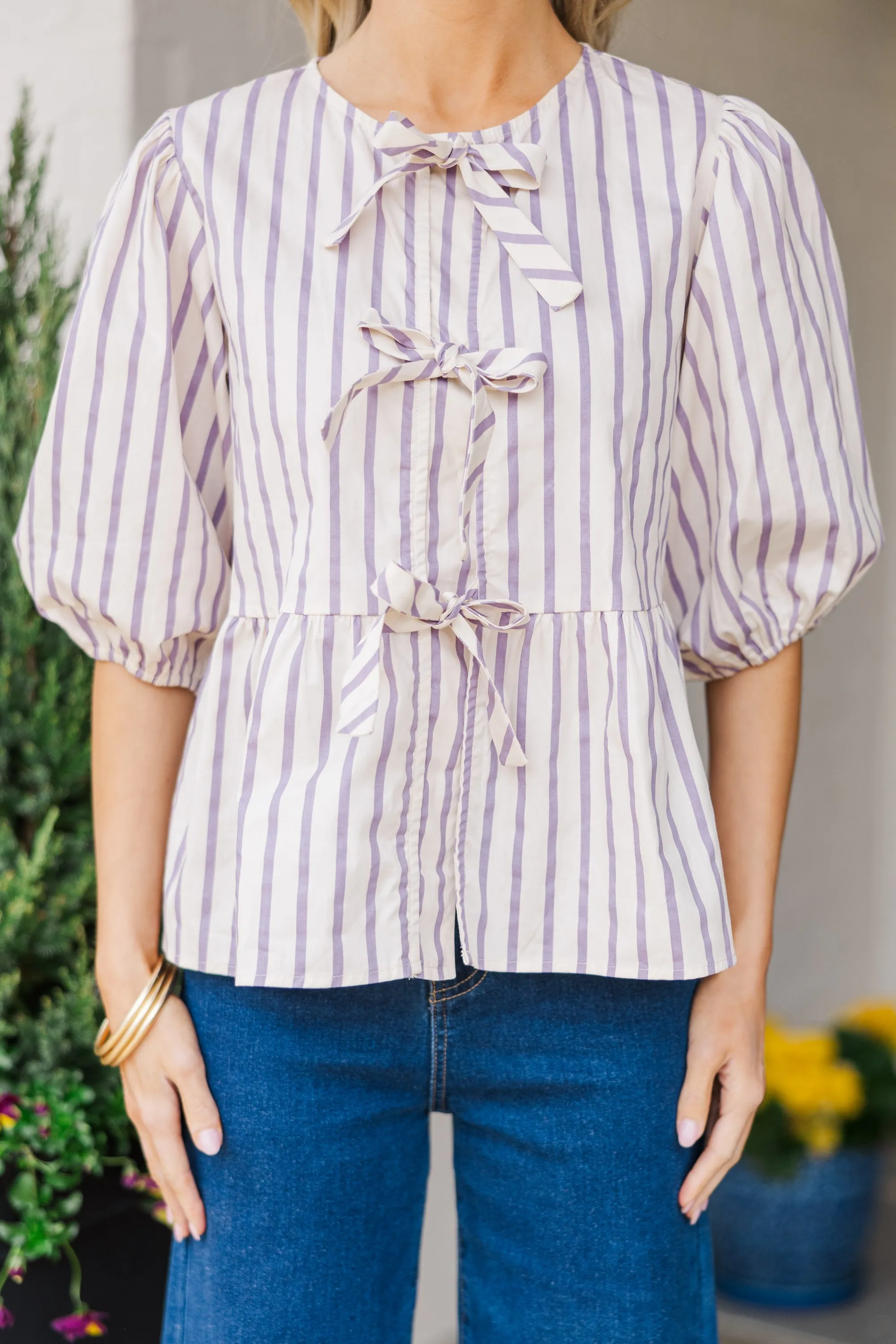 An Inspiration Lavender Purple Striped Blouse