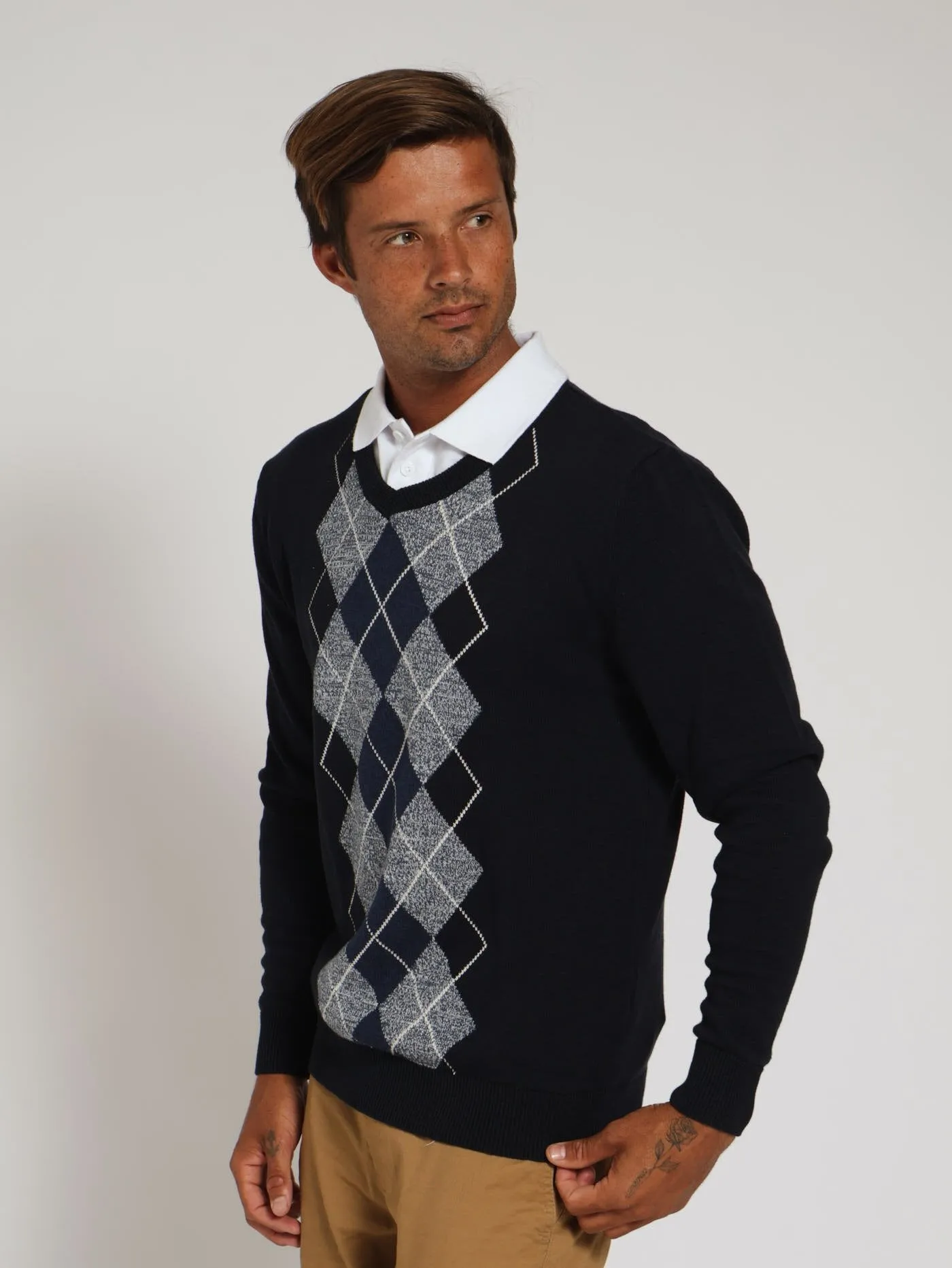 Argyle Crew Top - Navy