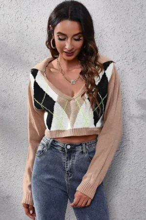 Argyle Long Sleeve Cropped Sweater