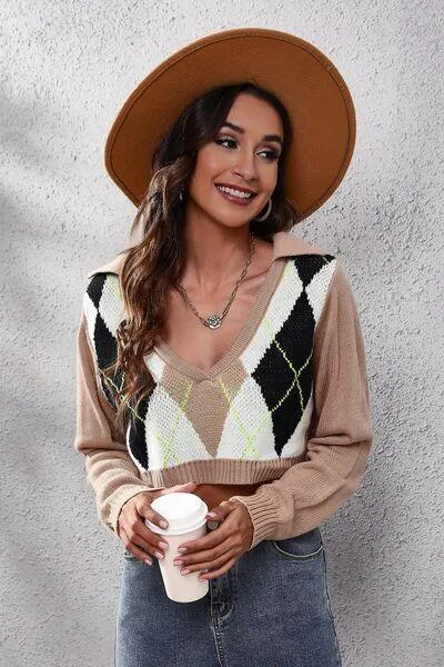 Argyle Long Sleeve Cropped Sweater