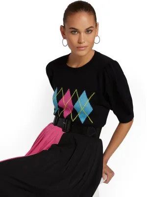 Argyle Puff-Sleeve Sweater