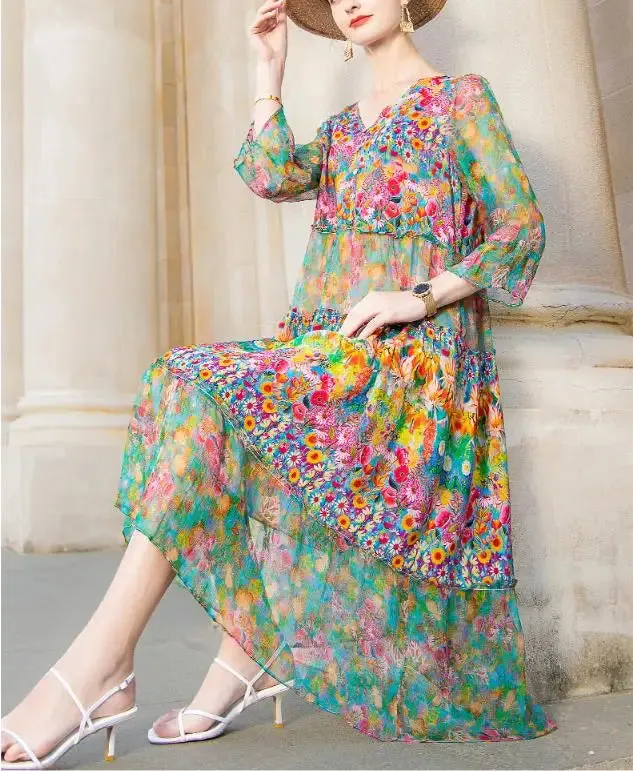 Beach Boho Vintage Print Silk V Neck Dress Elegant Party Robe Designer Loose Midi Dresses