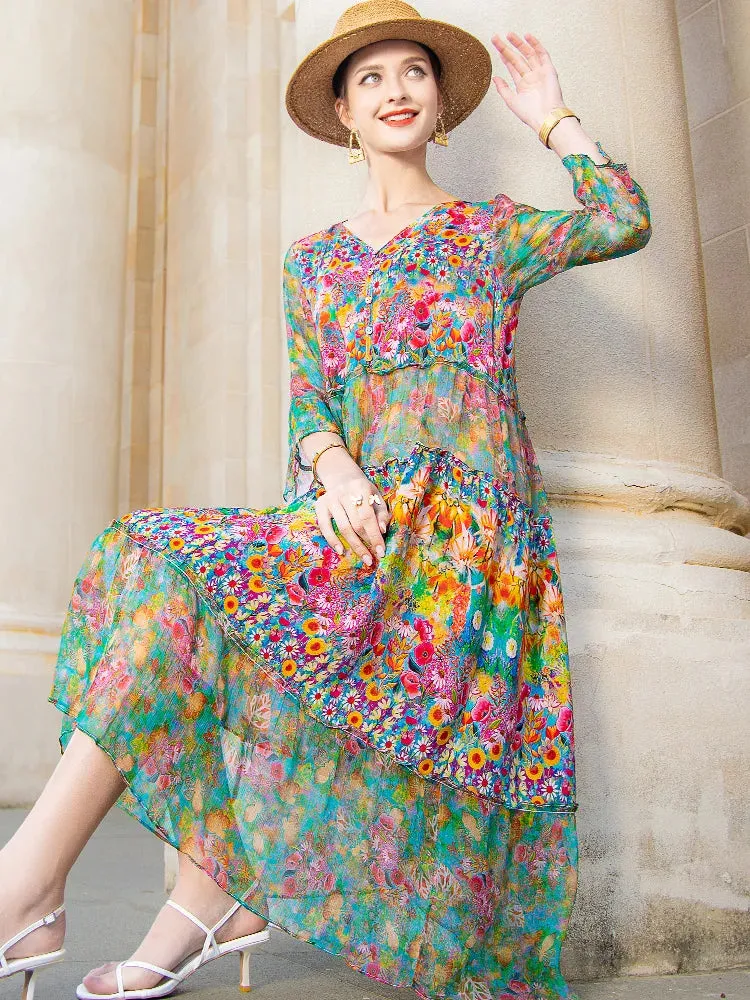 Beach Boho Vintage Print Silk V Neck Dress Elegant Party Robe Designer Loose Midi Dresses