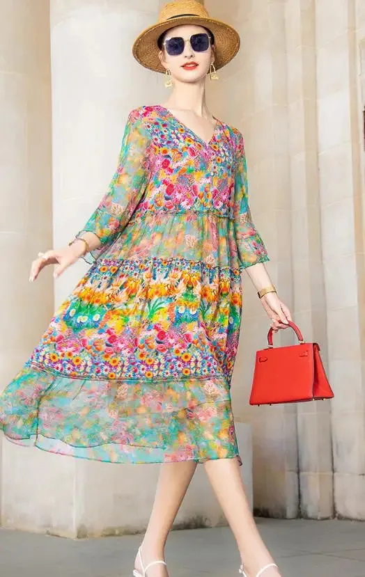 Beach Boho Vintage Print Silk V Neck Dress Elegant Party Robe Designer Loose Midi Dresses