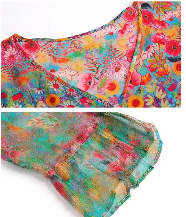 Beach Boho Vintage Print Silk V Neck Dress Elegant Party Robe Designer Loose Midi Dresses