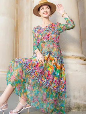 Beach Boho Vintage Print Silk V Neck Dress Elegant Party Robe Designer Loose Midi Dresses