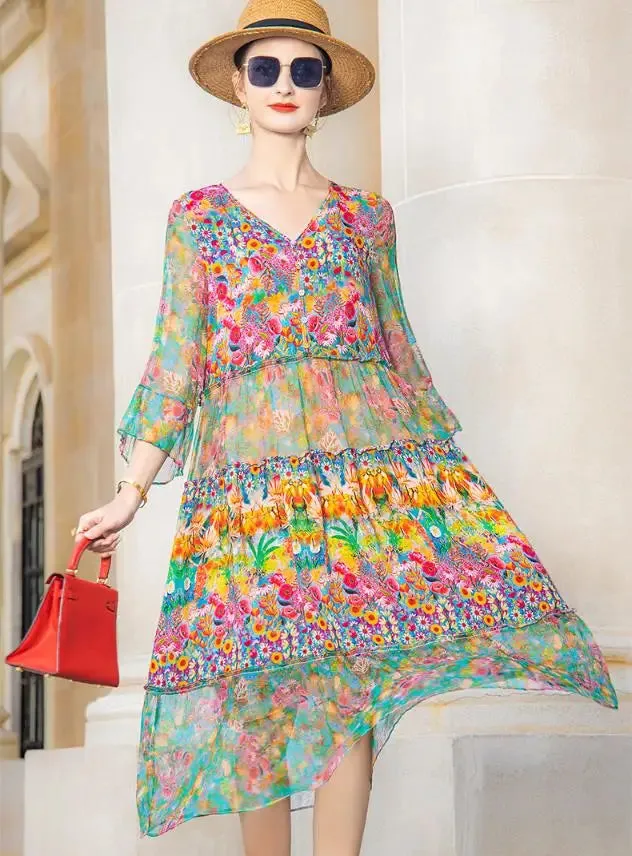 Beach Boho Vintage Print Silk V Neck Dress Elegant Party Robe Designer Loose Midi Dresses