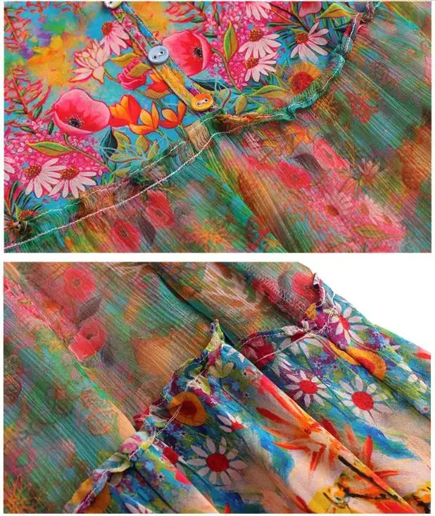 Beach Boho Vintage Print Silk V Neck Dress Elegant Party Robe Designer Loose Midi Dresses
