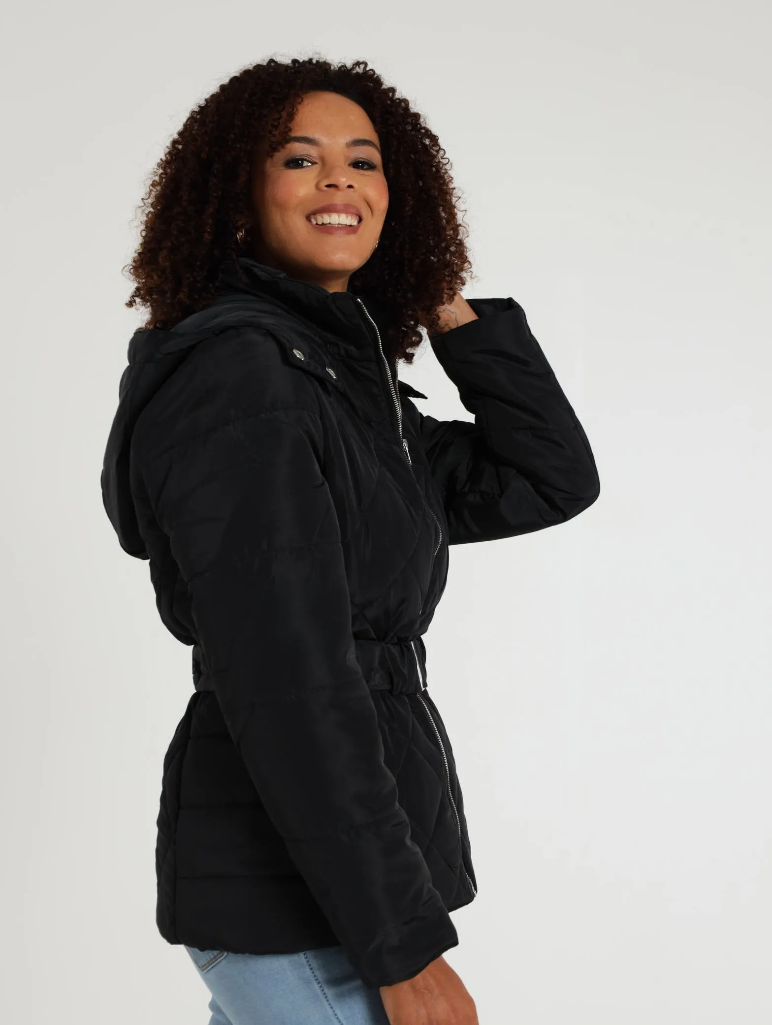 Belted Puffer Jacket - Black