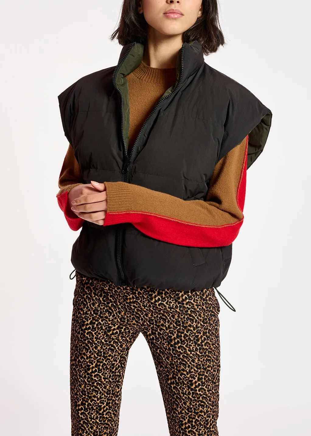 Black and khaki reversible puffer vest