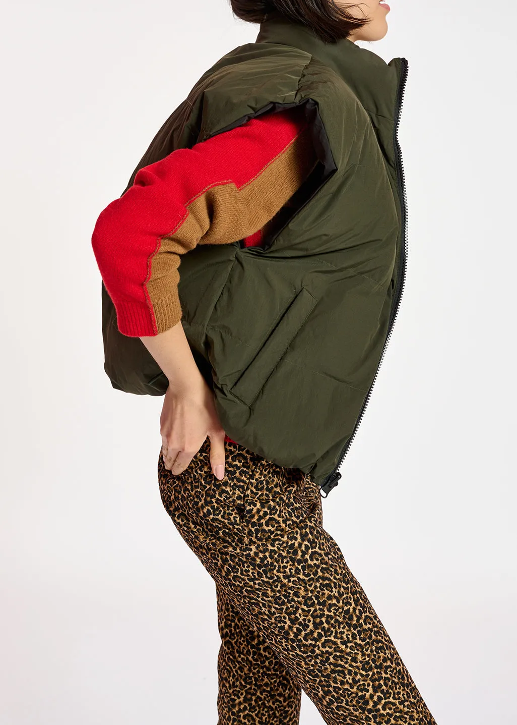 Black and khaki reversible puffer vest