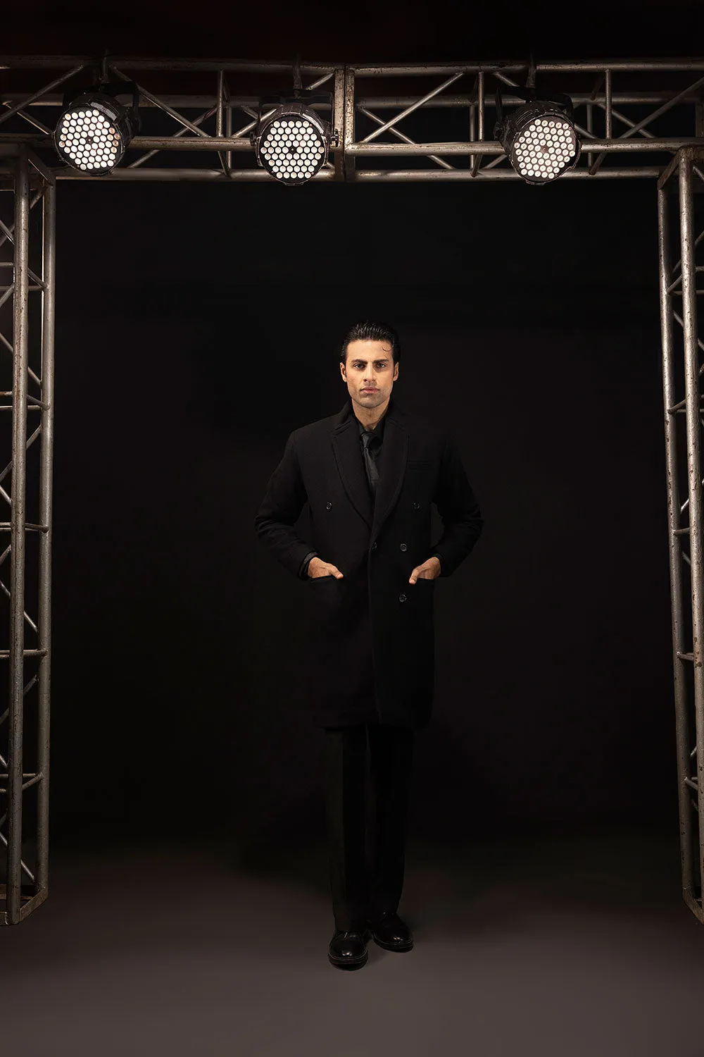 Black Double Breasted Wool Over Coat