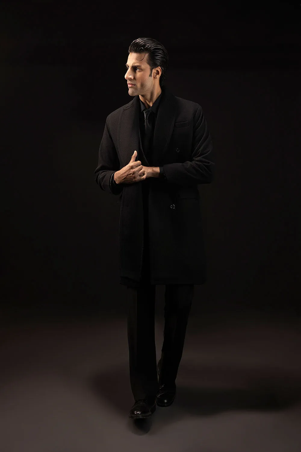 Black Double Breasted Wool Over Coat