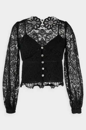 Black Floral Guipure Puff Sleeve Blouse