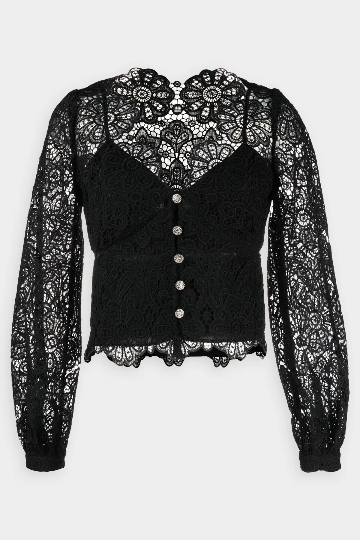 Black Floral Guipure Puff Sleeve Blouse