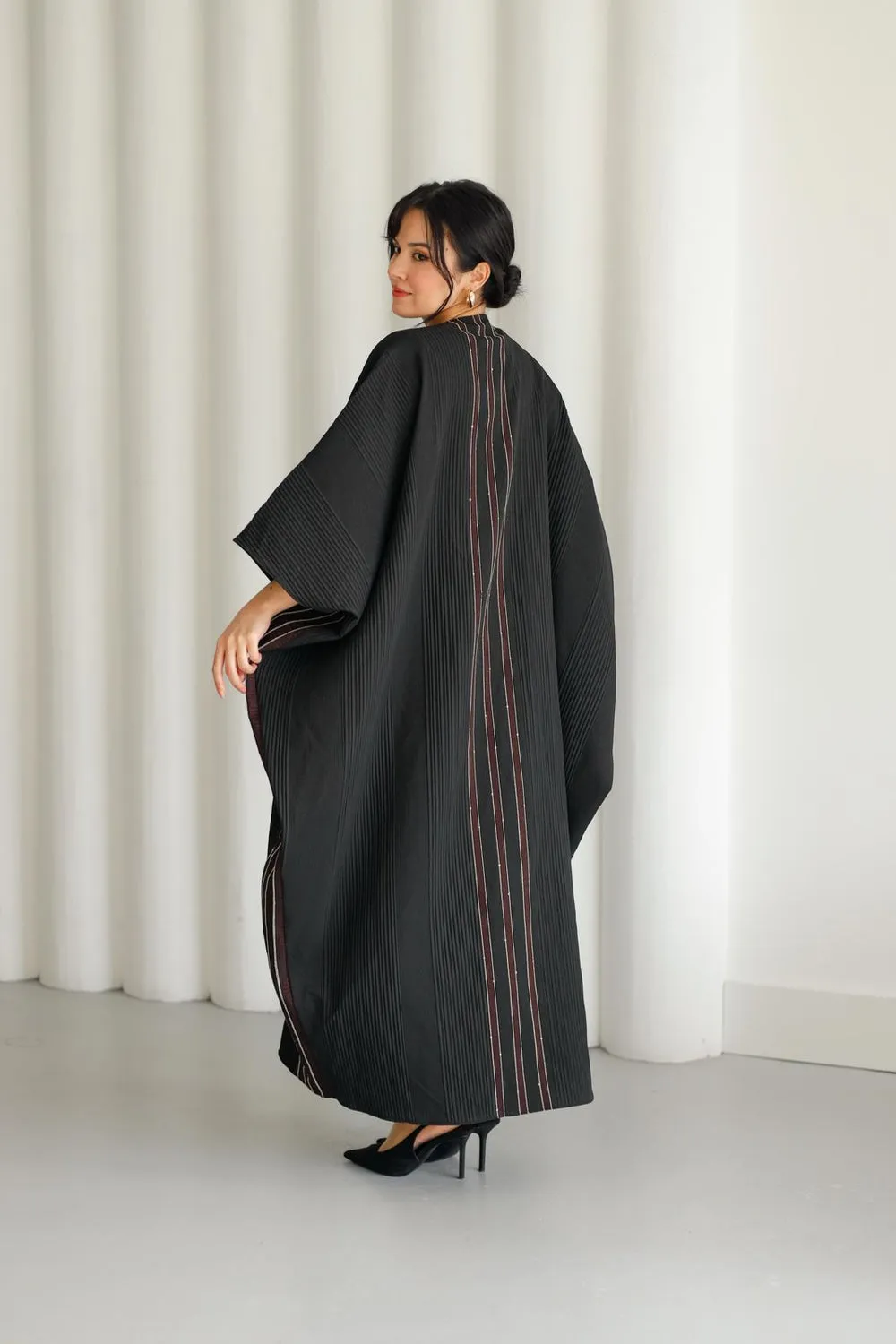 Black Jacquard Kaftan With Burgundy & Gold Embroidery