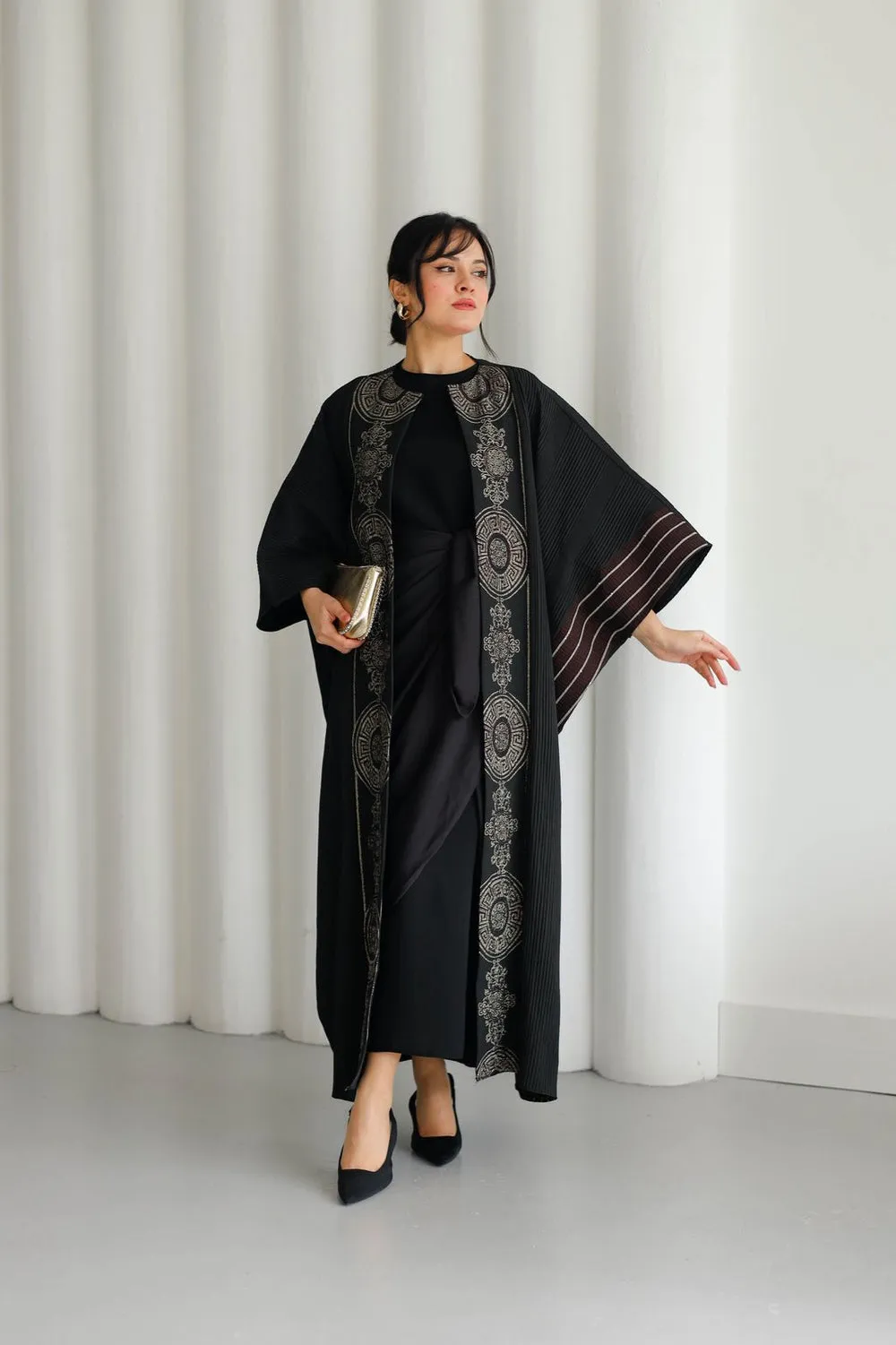 Black Jacquard Kaftan With Burgundy & Gold Embroidery