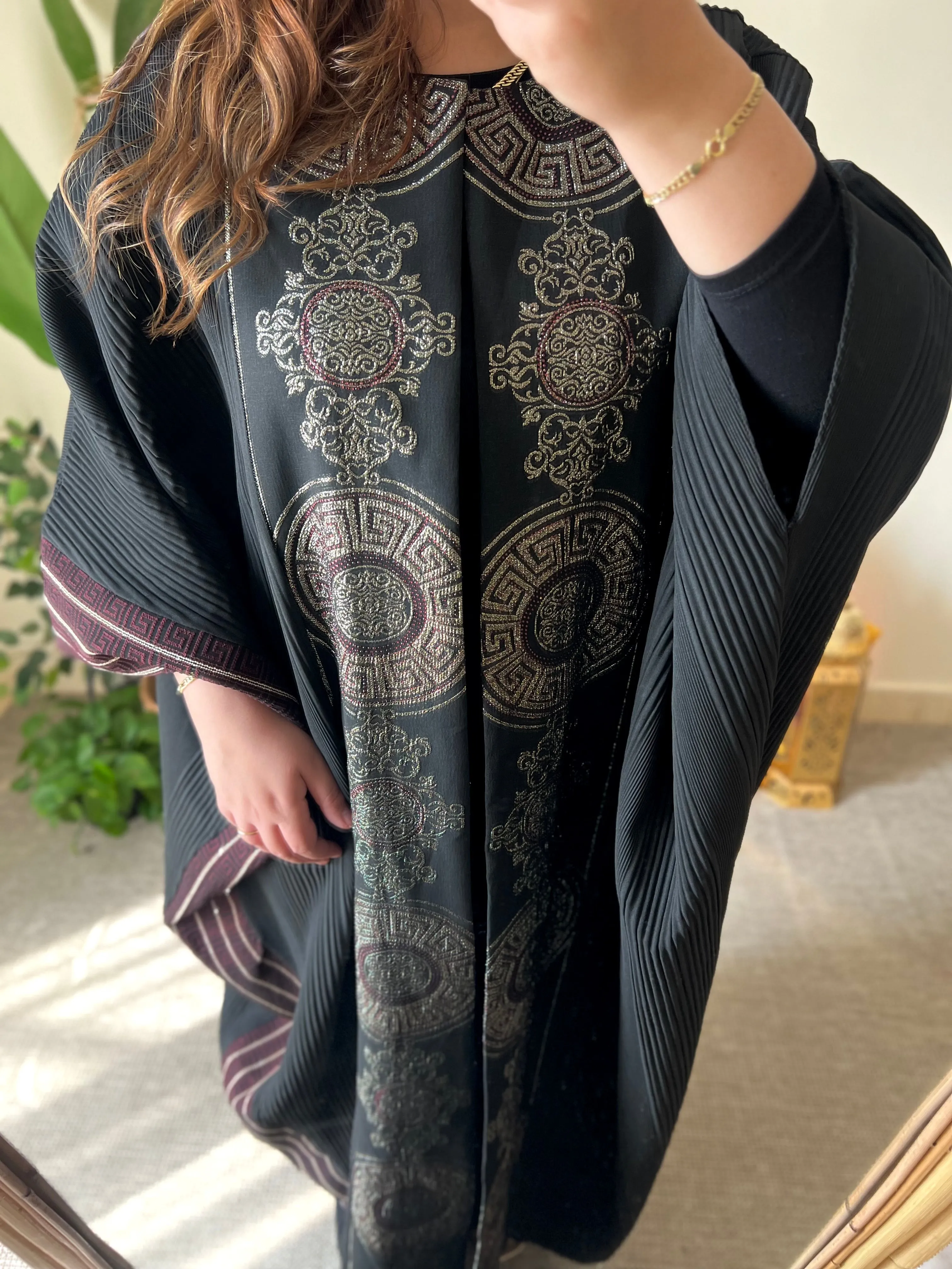 Black Jacquard Kaftan With Burgundy & Gold Embroidery