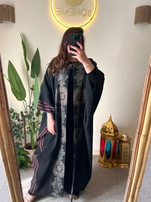Black Jacquard Kaftan With Burgundy & Gold Embroidery