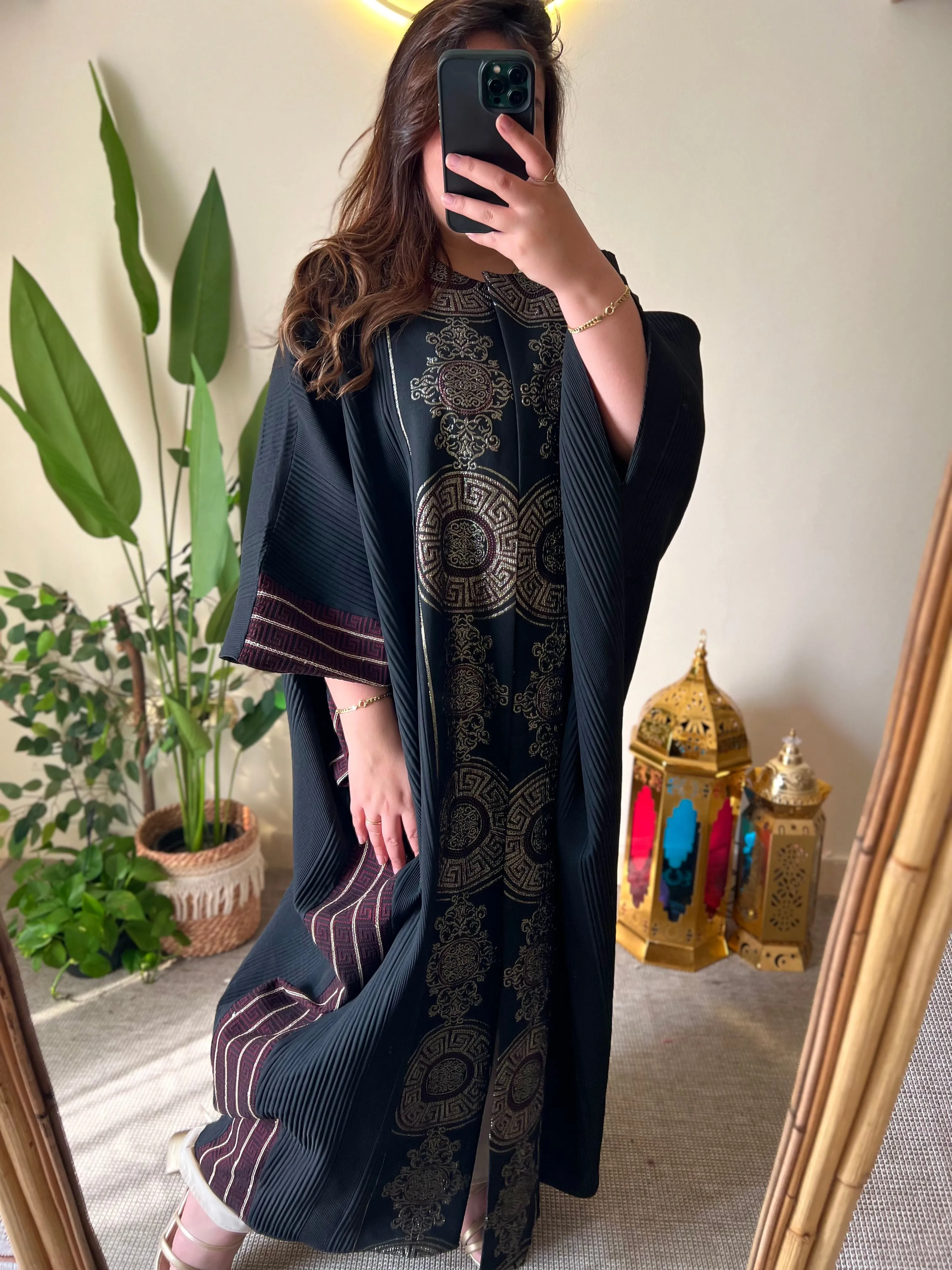 Black Jacquard Kaftan With Burgundy & Gold Embroidery