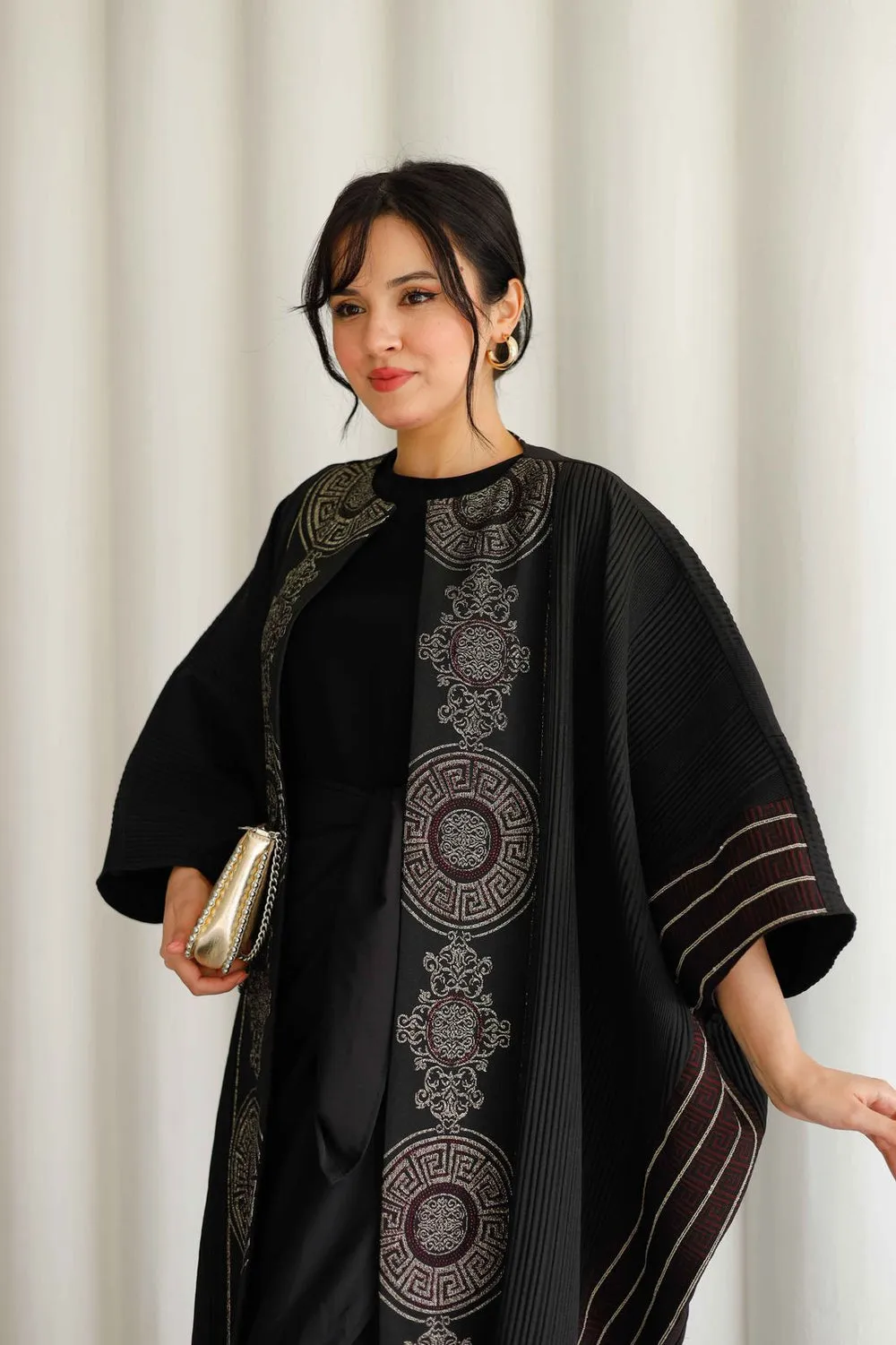 Black Jacquard Kaftan With Burgundy & Gold Embroidery