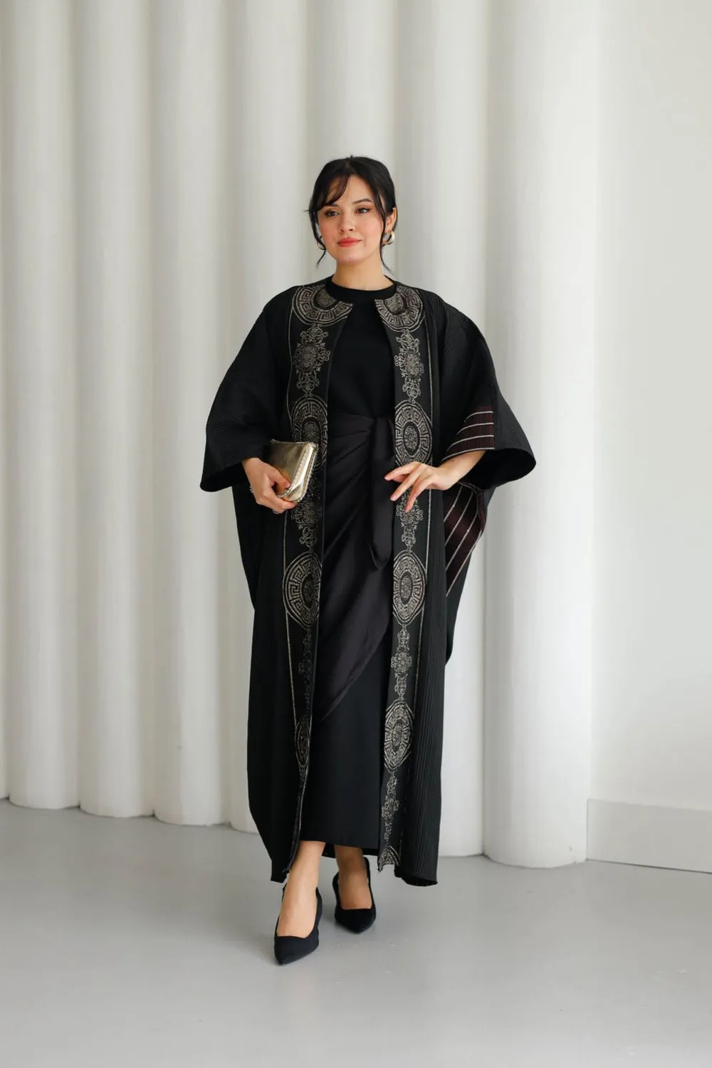 Black Jacquard Kaftan With Burgundy & Gold Embroidery