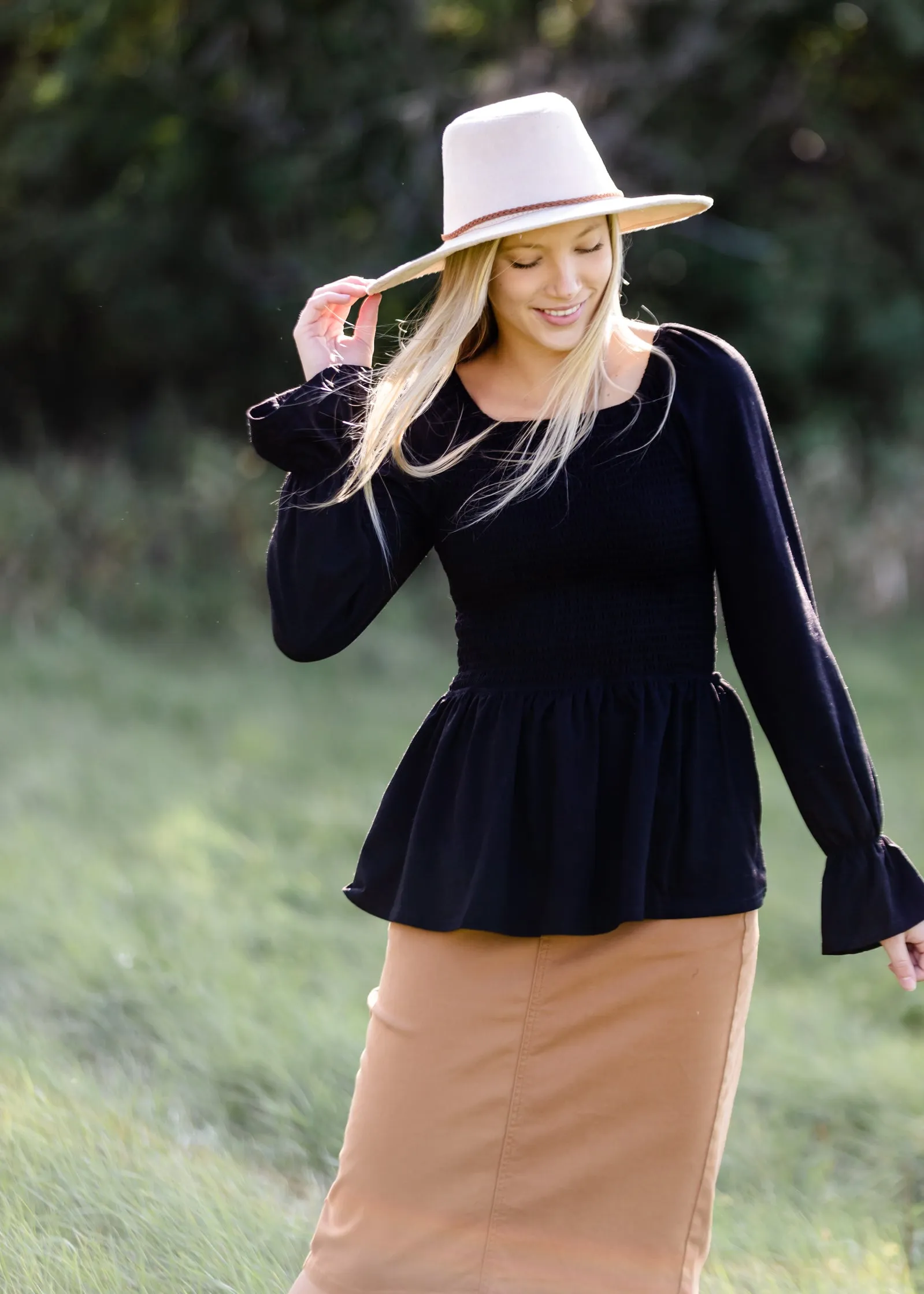 Black Long Sleeve Smocked Top - FINAL SALE