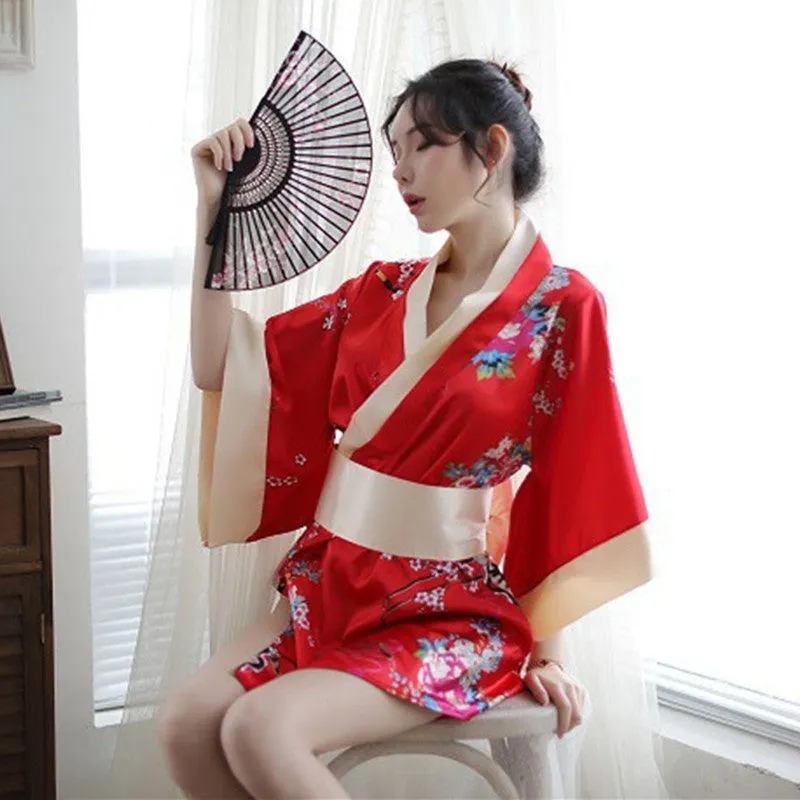 BLACK/RED FLOWER PRINT KIMONO DRESS UB2783
