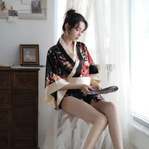BLACK/RED FLOWER PRINT KIMONO DRESS UB2783