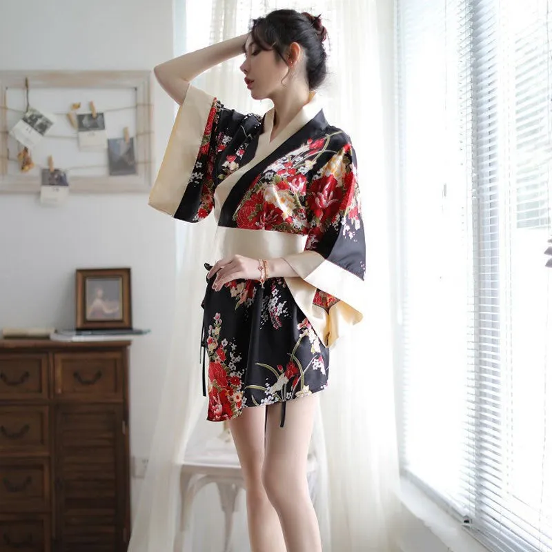 BLACK/RED FLOWER PRINT KIMONO DRESS UB2783