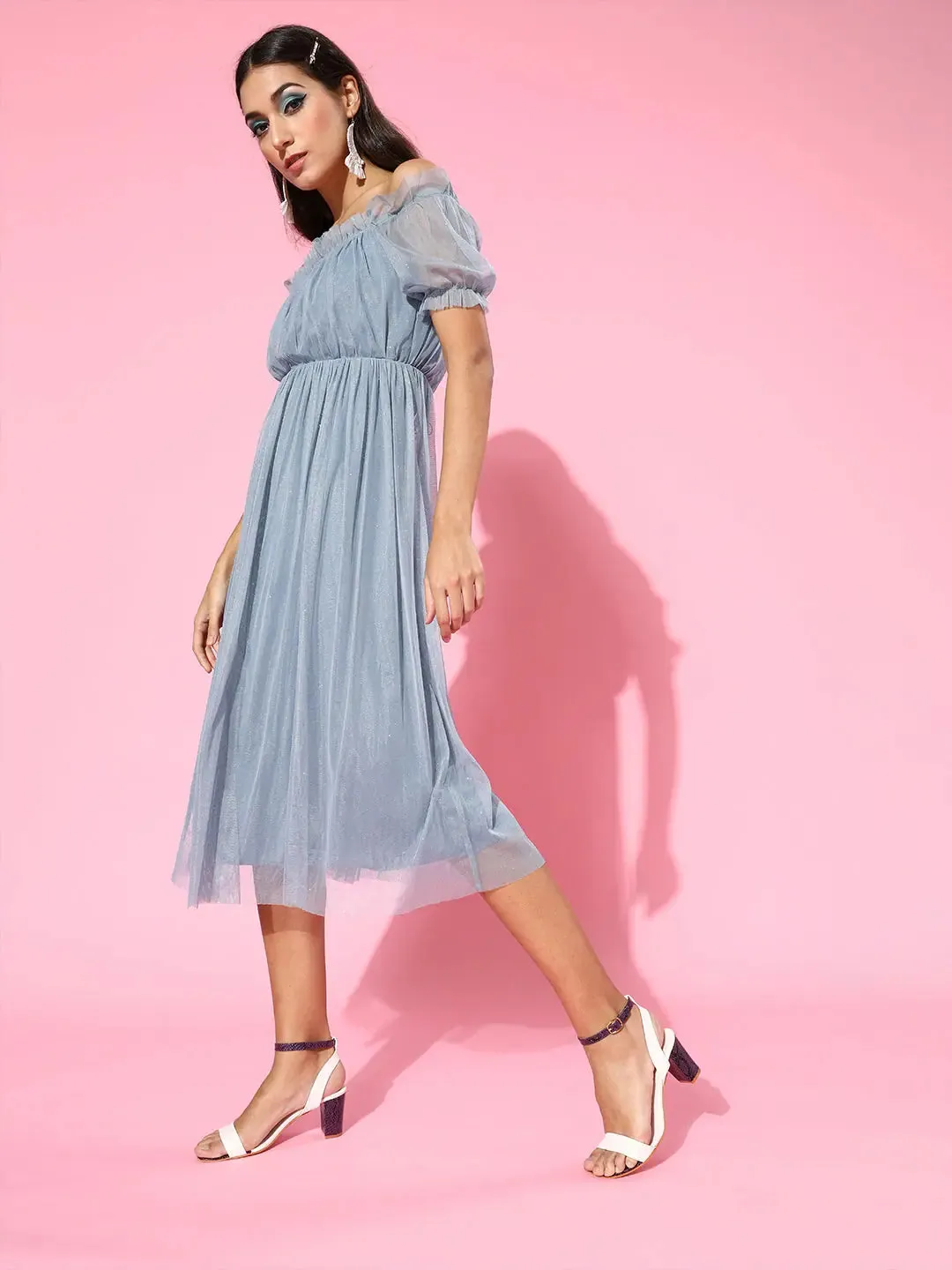 Blue Mesh Lurex Bardot Midi Dress