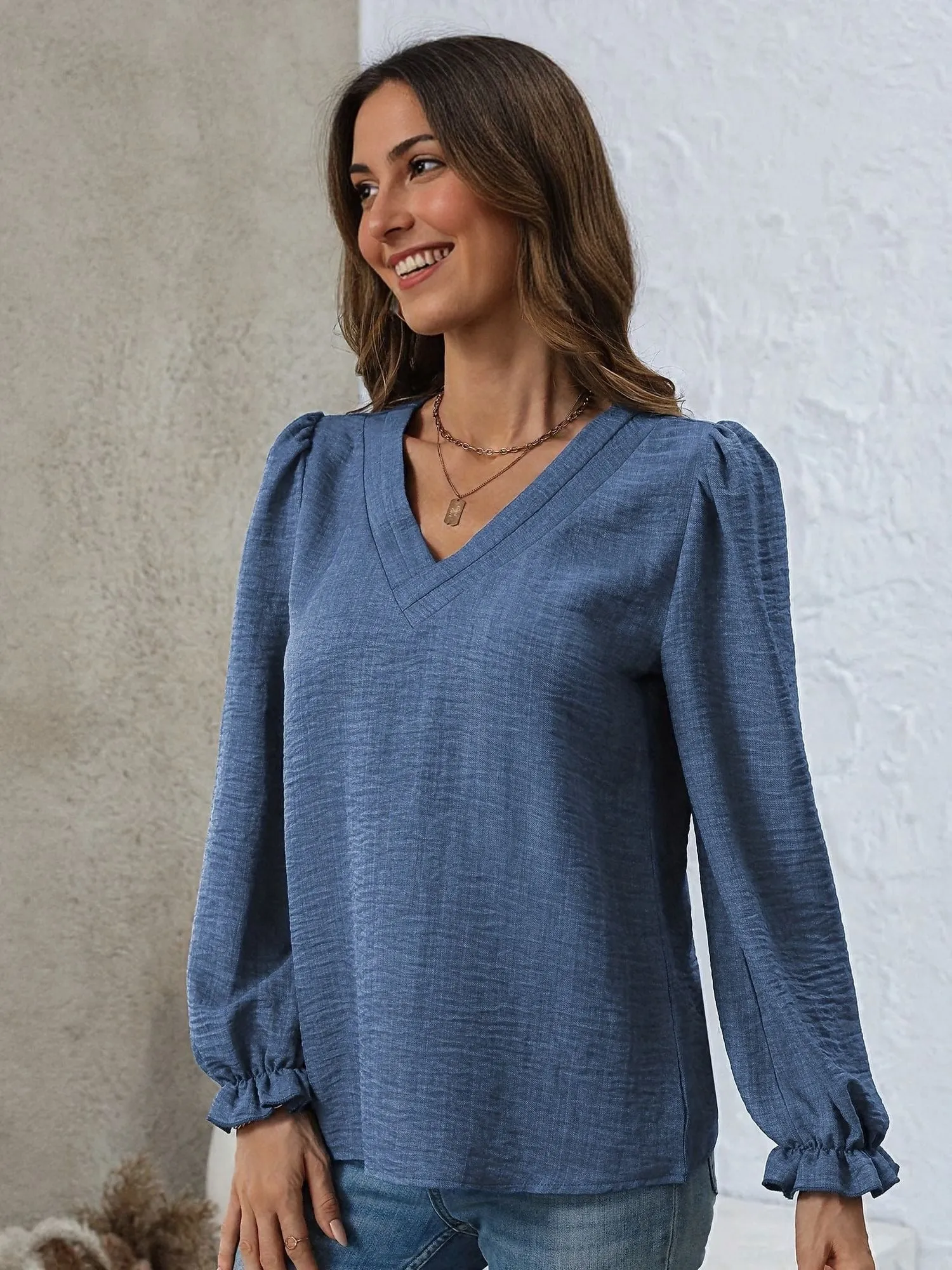 Blue V Neck Full Sleeves Casual Top