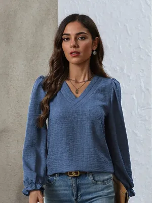 Blue V Neck Full Sleeves Casual Top
