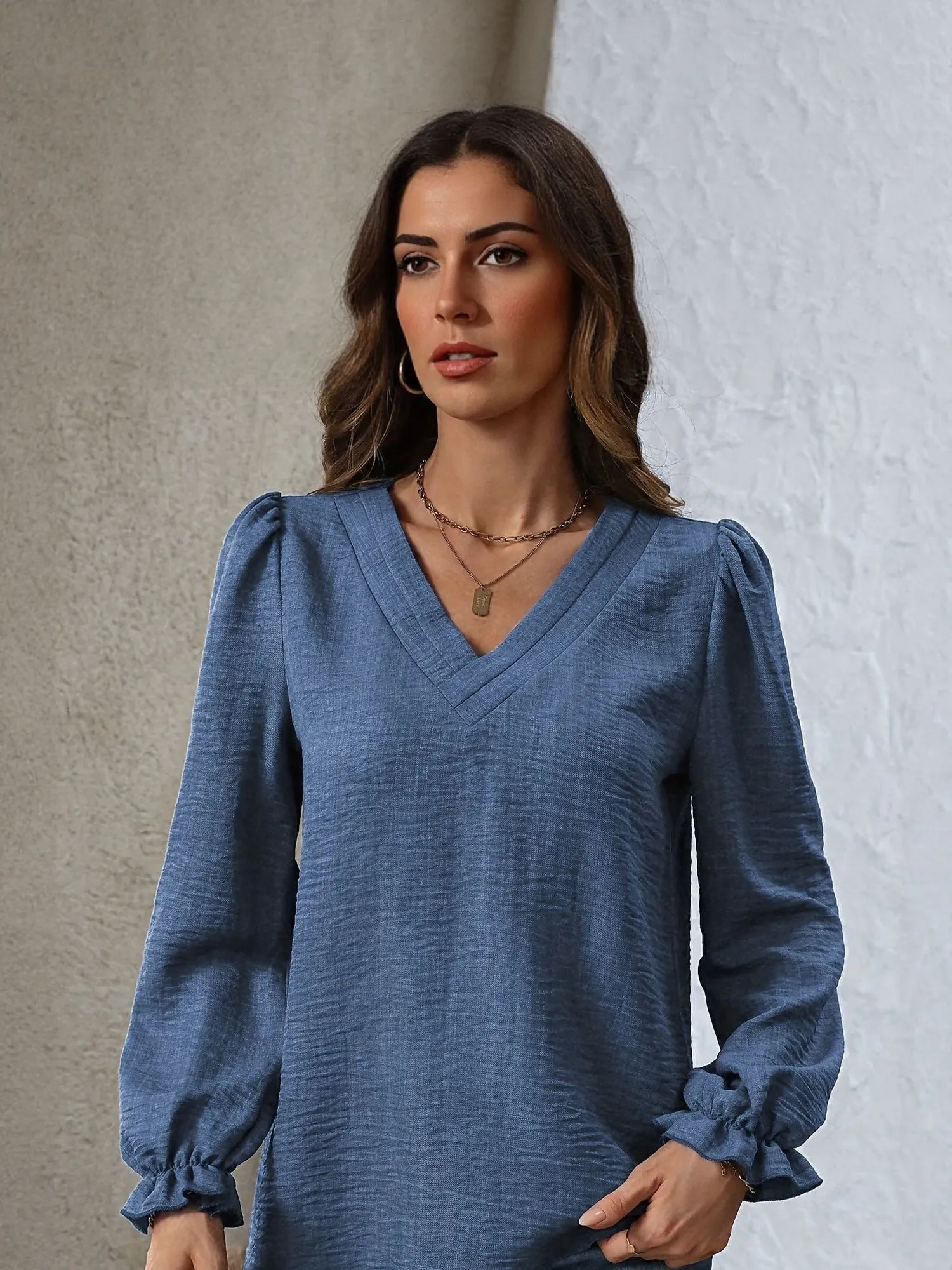 Blue V Neck Full Sleeves Casual Top