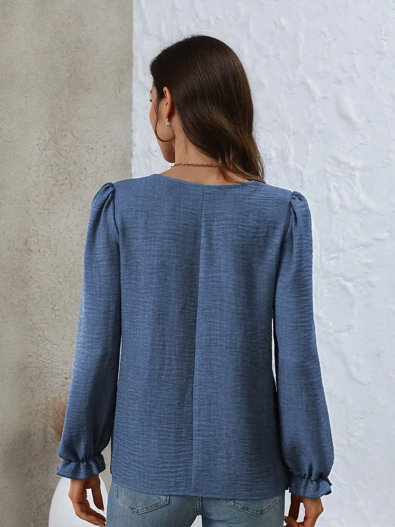 Blue V Neck Full Sleeves Casual Top