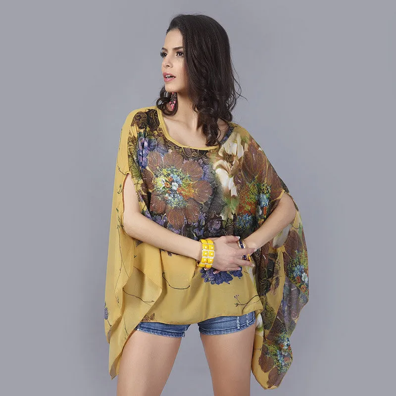 Boho Batwing Sleeve Chiffon Women Casual Floral Print Loose Kimono Shirts Big Size Beach Tunic Tops Peplum Robe
