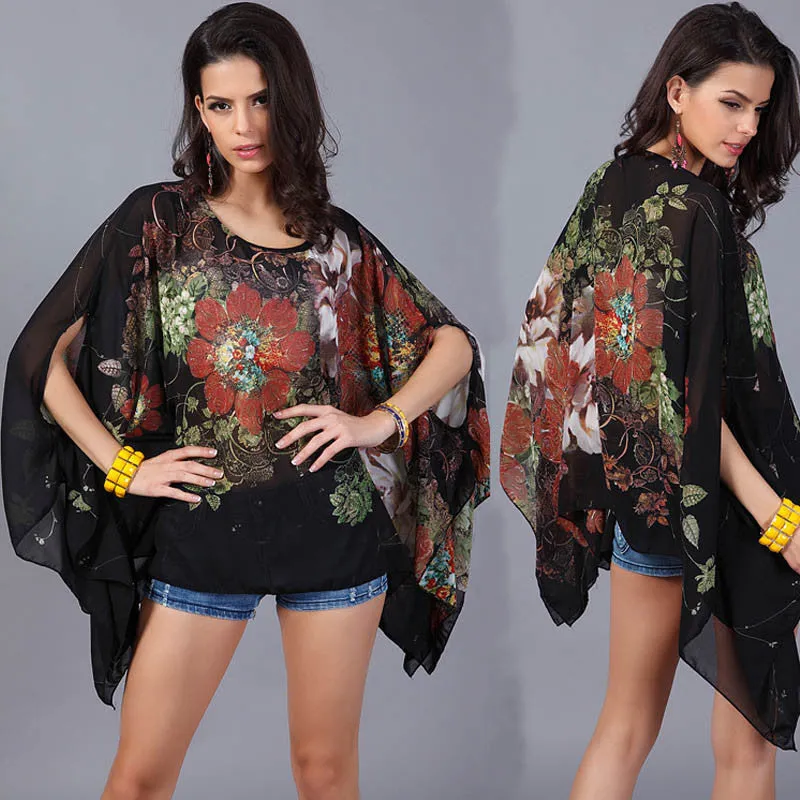 Boho Batwing Sleeve Chiffon Women Casual Floral Print Loose Kimono Shirts Big Size Beach Tunic Tops Peplum Robe